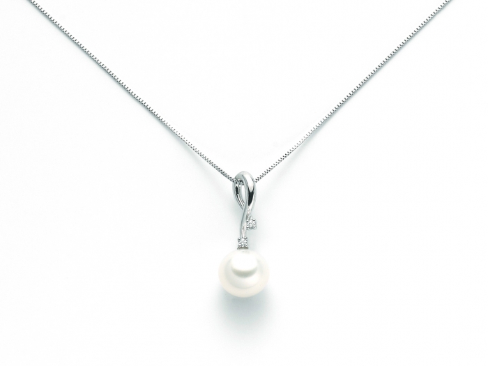 9K White Gold 0.03ct Natural Diamond with Pearl Pendant Necklace MILUNA