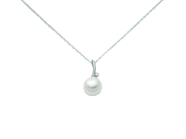 9K White Gold 0.09ct Natural Diamond with Pearl Pendant Necklace MILUNA
