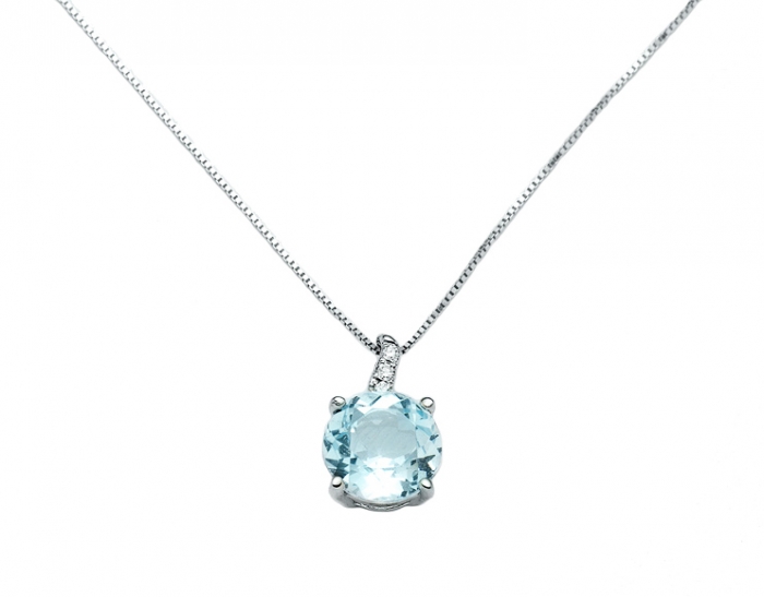 9K White Gold 0.021ct Natural Diamond with blue Topaz Pendant Necklace MILUNA