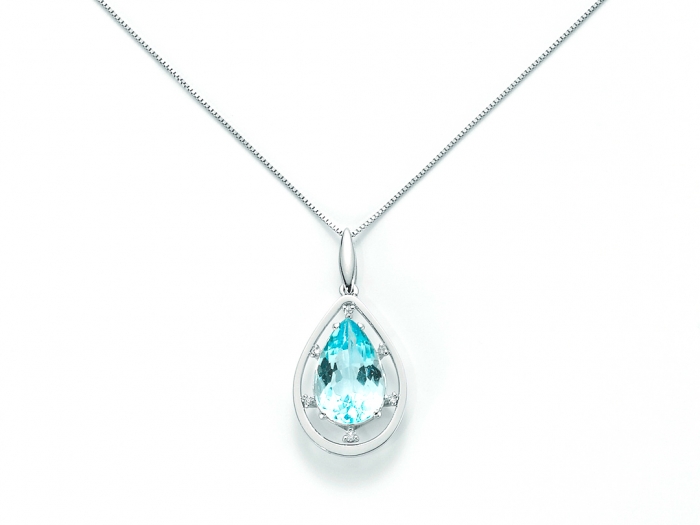 9K White Gold 0.029ct Natural Diamond with blue Topaz Pendant Necklace MILUNA