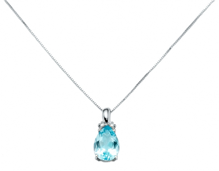 9K White Gold 0.02ct Natural Diamond with blue Topaz Pendant Necklace MILUNA