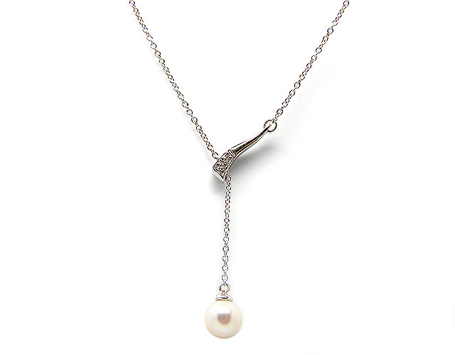 18K White Gold, Cubic Zirconia and Pearl Pendant Necklace
