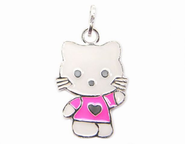 Ciondolo Hello Kitty smalatato bianco con maglietta fucsia in argento 925