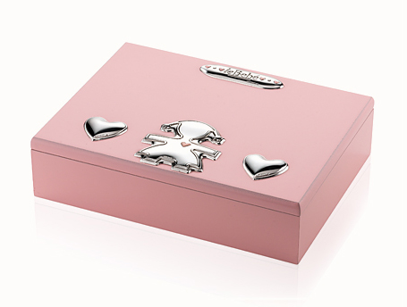 Cofanetto femminuccia in legno e argento bilaminato con bavaglino interno e posatina pappa - Linea Primi Ricordi