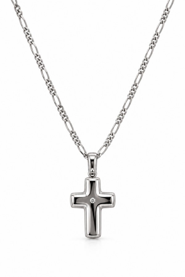 18K White Gold Necklace with Cross and Diamond