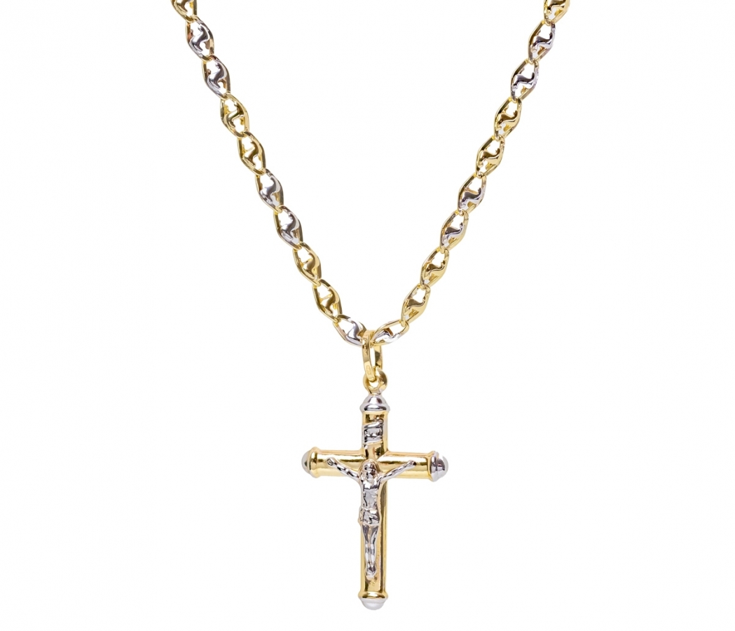 Collana uomo con croce Cristo crocifisso tubolare in oro giallo e bianco 18kt