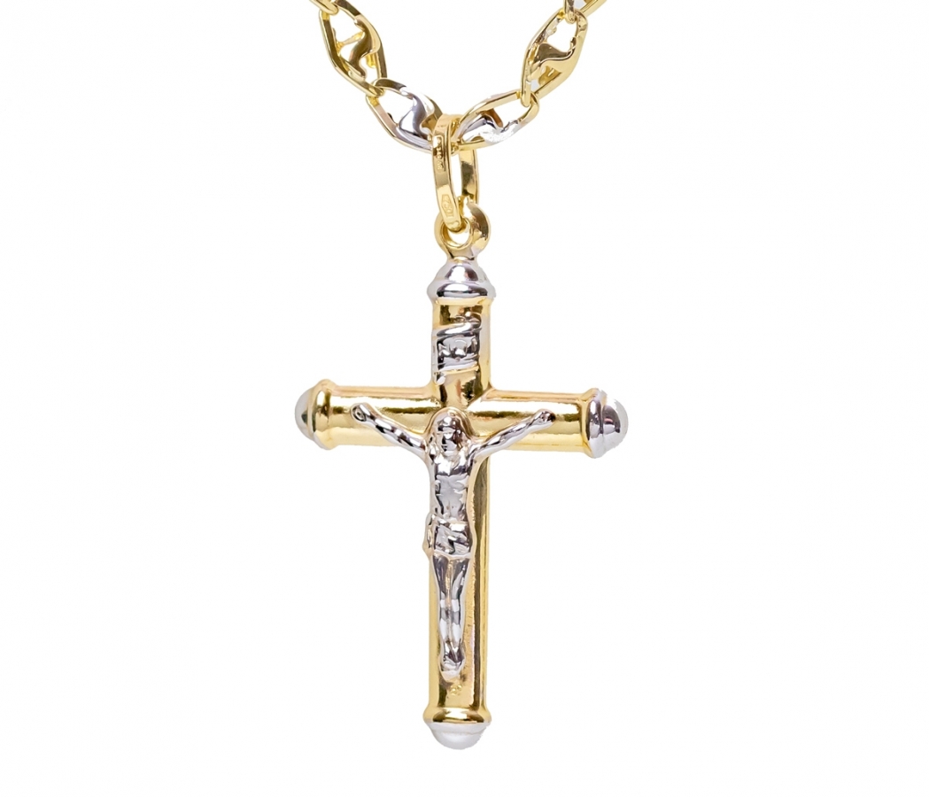 Collana uomo con croce Cristo crocifisso tubolare in oro giallo e bianco 18kt
