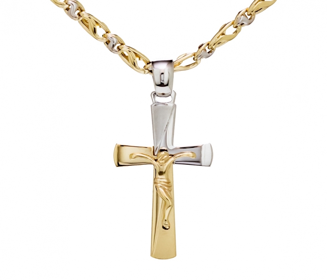 Collana uomo con croce Cristo crocifisso in oro giallo e bianco 18kt