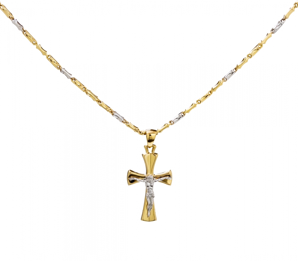 Collana uomo con croce Cristo crocifisso in oro giallo e bianco 18kt