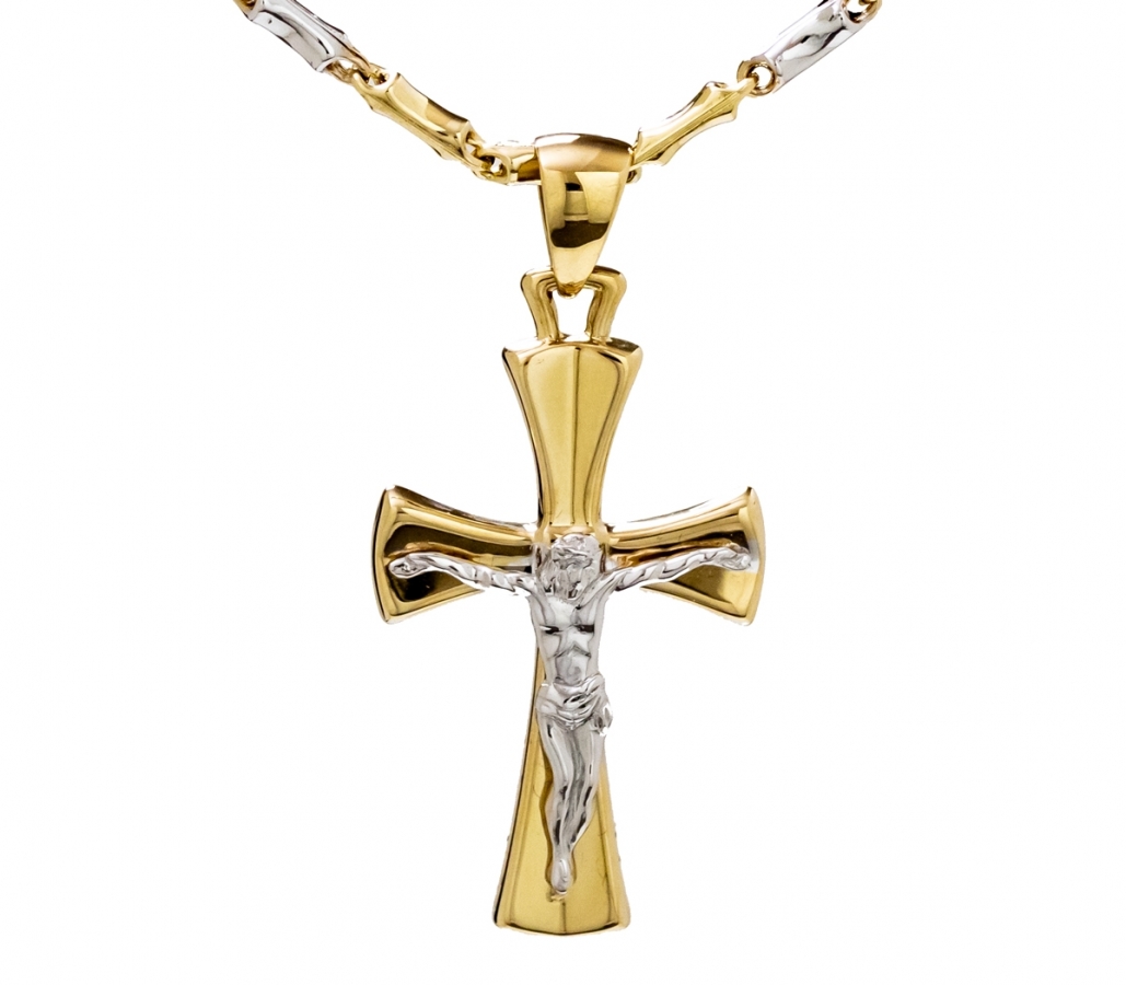 Collana uomo con croce Cristo crocifisso in oro giallo e bianco 18kt