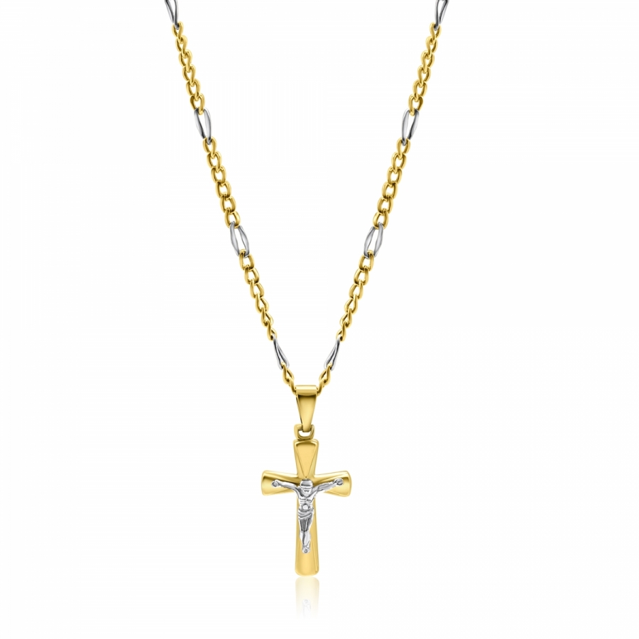 Collana uomo maglia 6+1 con croce Crocifisso in oro giallo e bianco 18kt