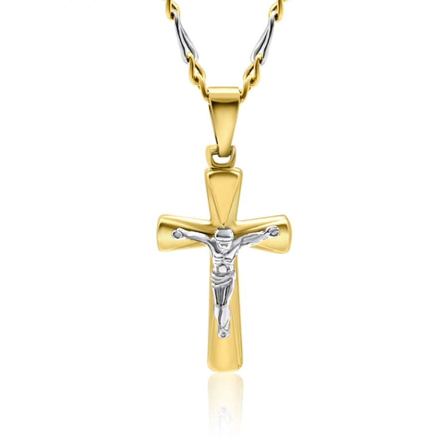 Collana uomo maglia 6+1 con croce Crocifisso in oro giallo e bianco 18kt