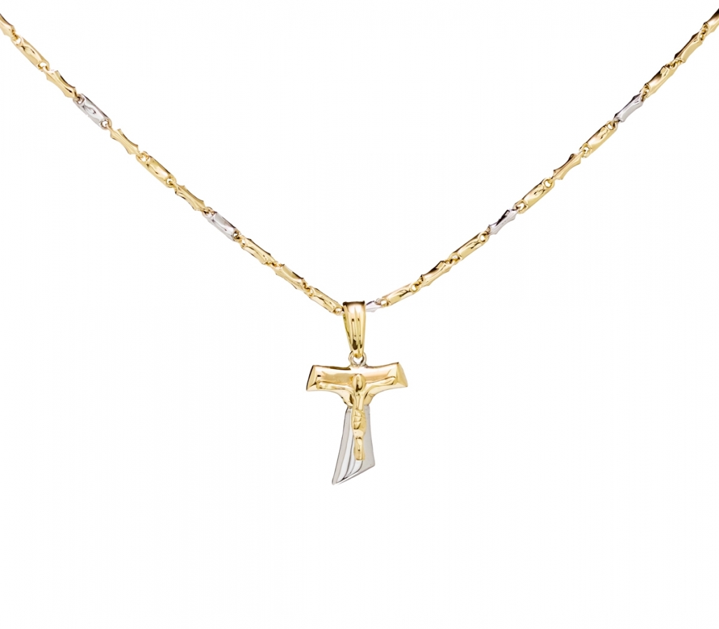 Collana uomo con croce Cristo crocifisso TAU in oro giallo e bianco 18kt