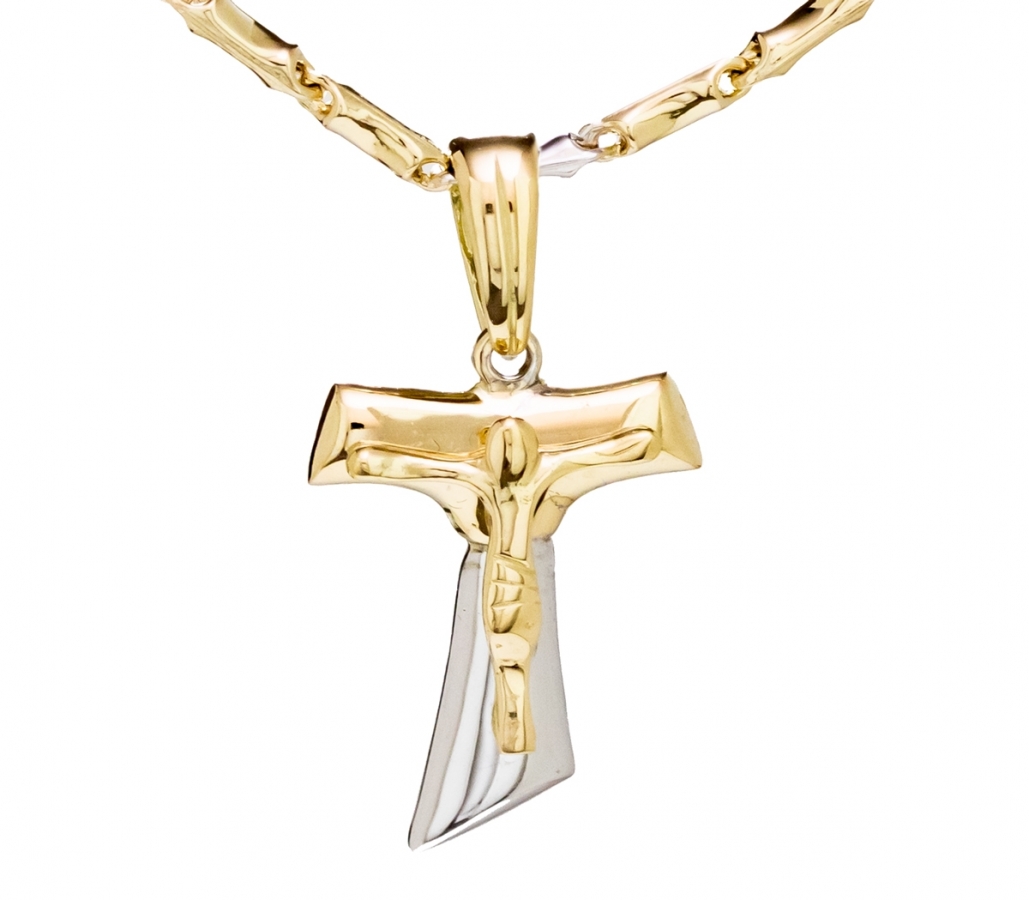 Collana uomo con croce Cristo crocifisso TAU in oro giallo e bianco 18kt