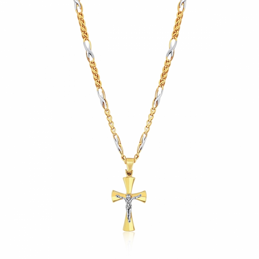 Collana uomo con croce Cristo crocifisso in oro giallo e bianco 18kt