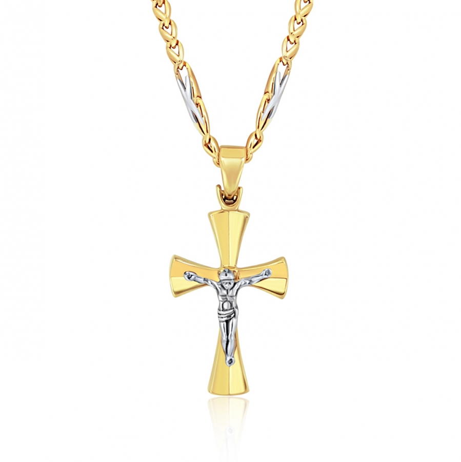 Collana uomo con croce Cristo crocifisso in oro giallo e bianco 18kt