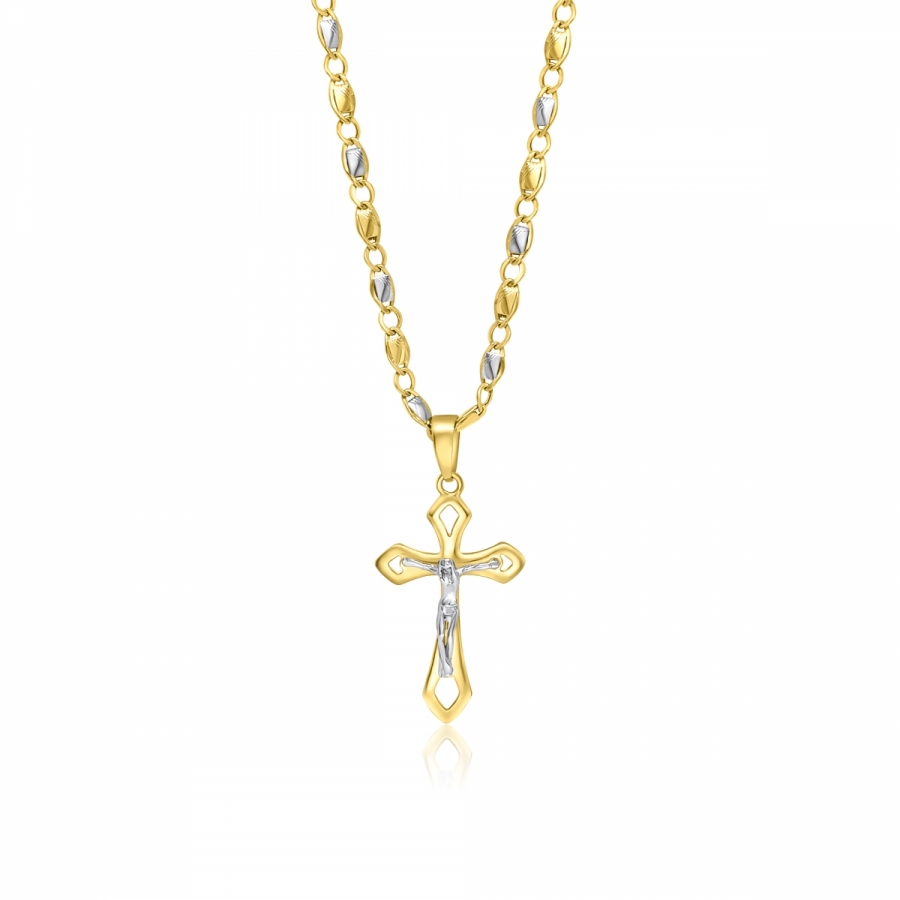 Collana uomo con croce Cristo crocifisso in oro giallo e bianco 18kt