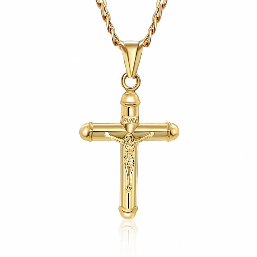 Collana uomo con croce Cristo crocifisso tubolare in oro giallo 18kt