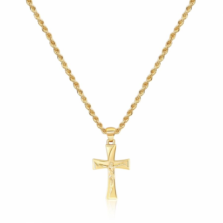 Collana uomo corda con croce Cristo crocifisso in oro giallo 18kt