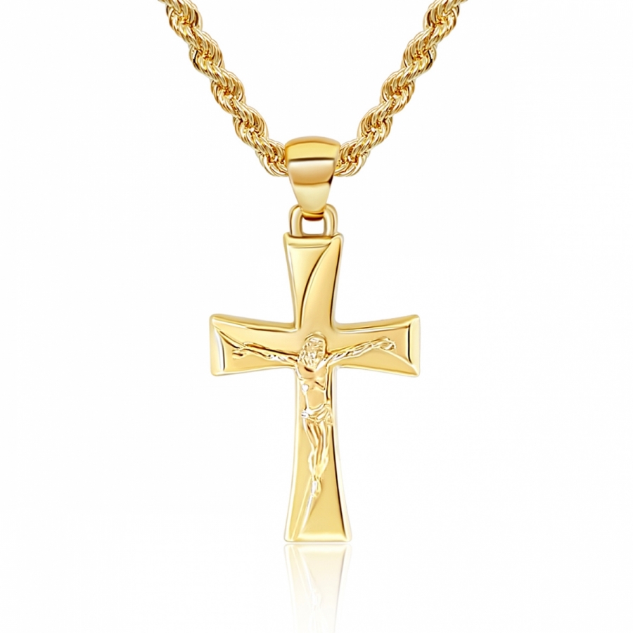Collana uomo corda con croce Cristo crocifisso in oro giallo 18kt