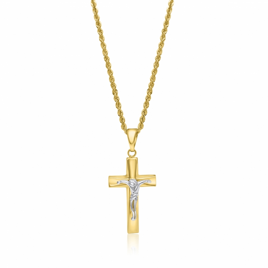 Collana uomo corda con croce Cristo crocifisso in oro giallo e bianco 18kt