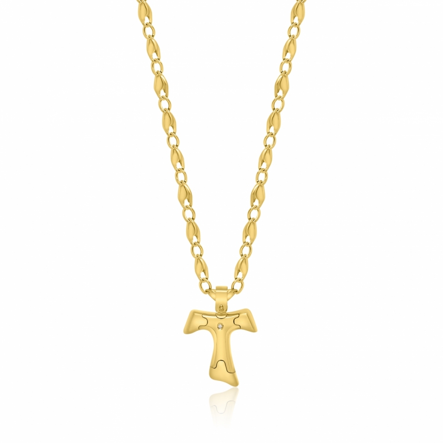 18k Yellow Gold and Diamond Tau Cross Necklace