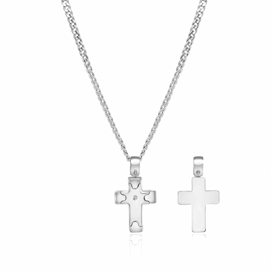 Collana grumetta uomo con Croce in oro bianco 18kt e diamante