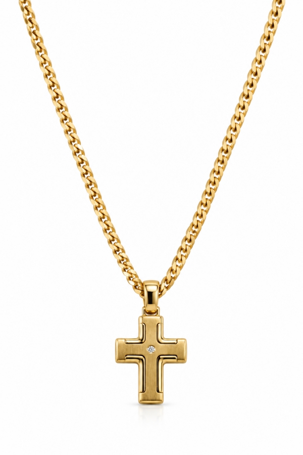 18K Yellow Gold Necklace with Cross and Diamond