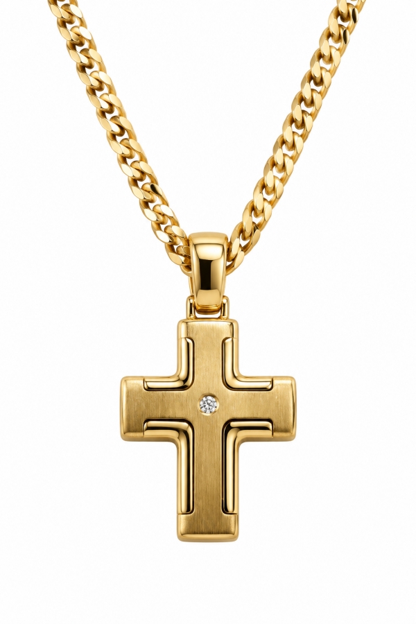18K Yellow Gold Necklace with Cross and Diamond