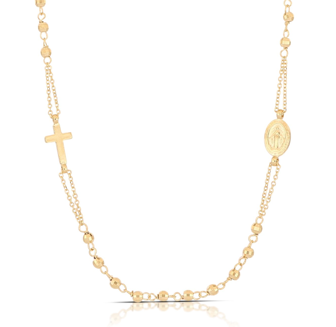 Collana Rosario Unisex a giro con grani sfaccettati in oro bianco o giallo 18kt 50 cm