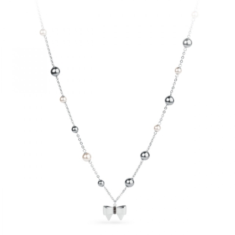 Collana S'Agapò by BrosWay collezione Papillon in acciaio, perle grigio chiaro e scuro e cristalli black diamond