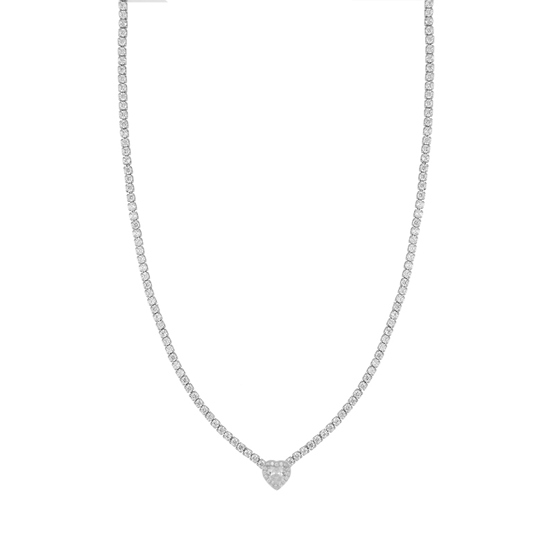 Collana Tennis con Cuore bianco in Argento 925 rodiato e Cubic Zirconia