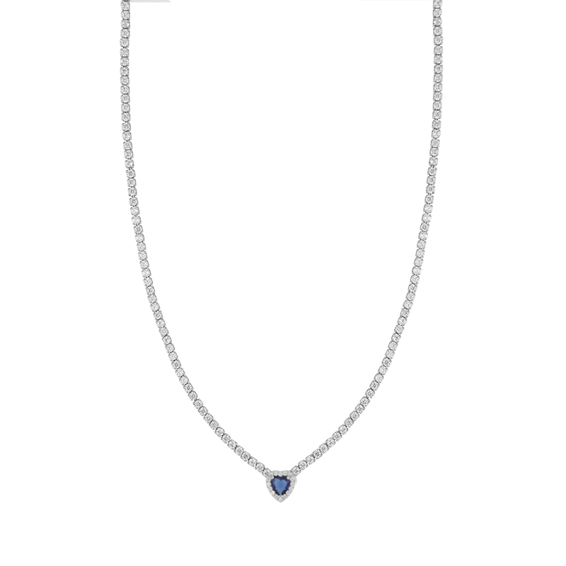 Collana Tennis con Cuore blu in Argento 925 rodiato e Cubic Zirconia