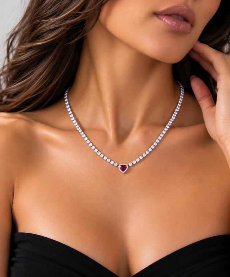 Collana Tennis Kate con Cuore rosso in Argento 925 rodiato e Cubic Zirconia