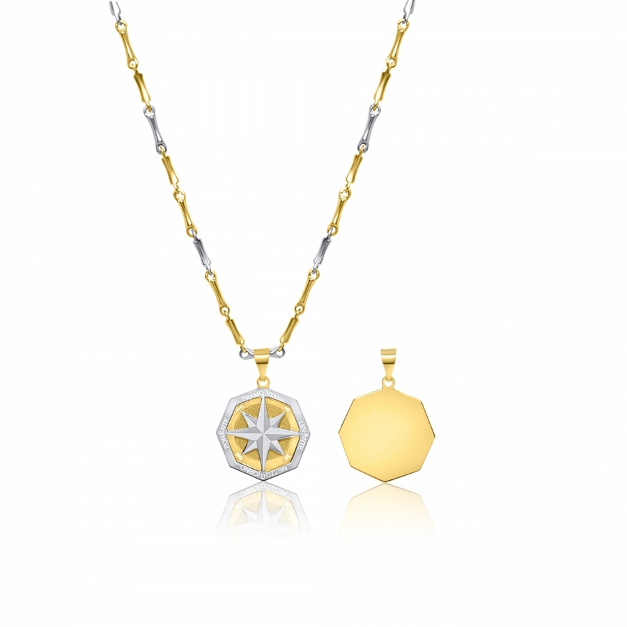 Collana uomo bussolotti con pendente rosa dei venti in oro giallo e bianco 18kt