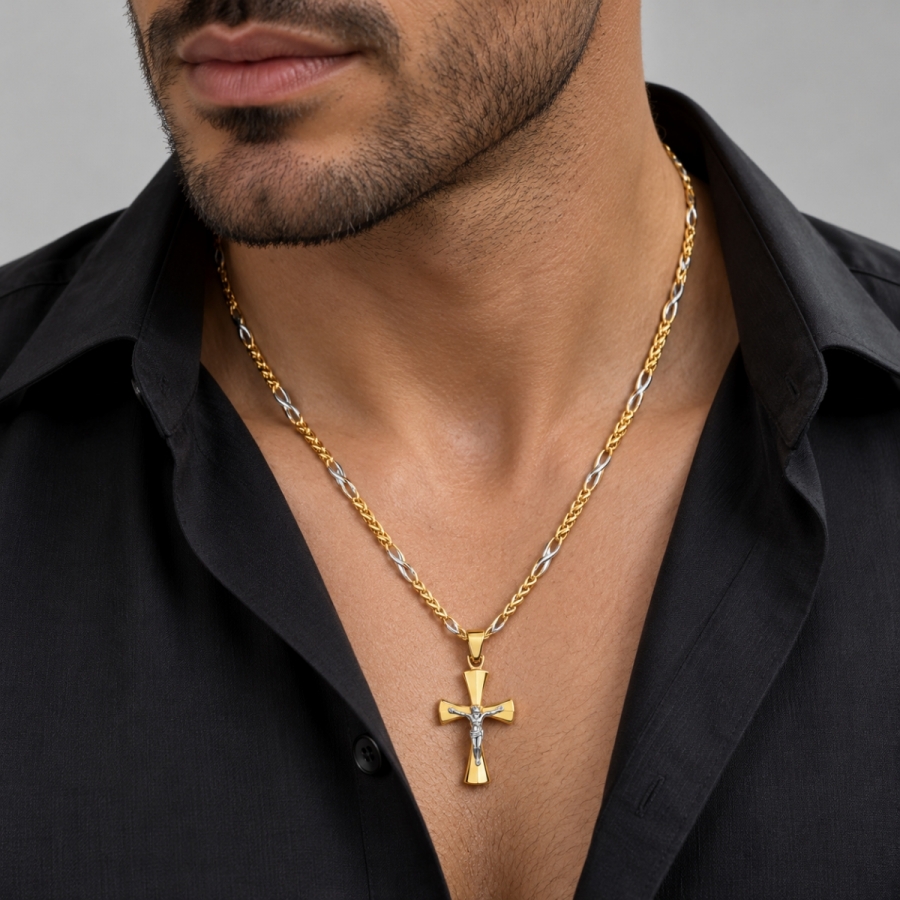18K Yellow and White Gold Necklace with Cross