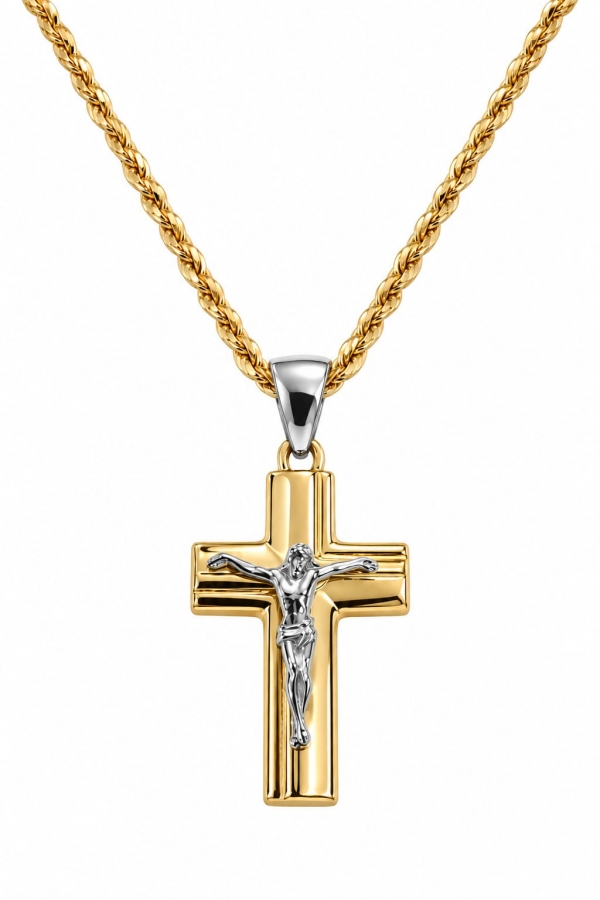 Collana uomo corda con croce Cristo crocifisso in oro giallo e bianco 18kt