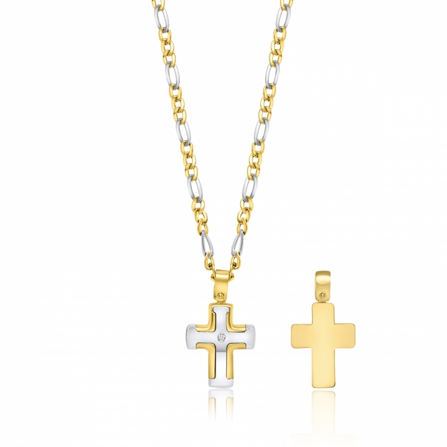 18k Yellow and White Gold and Diamond Cross Necklace