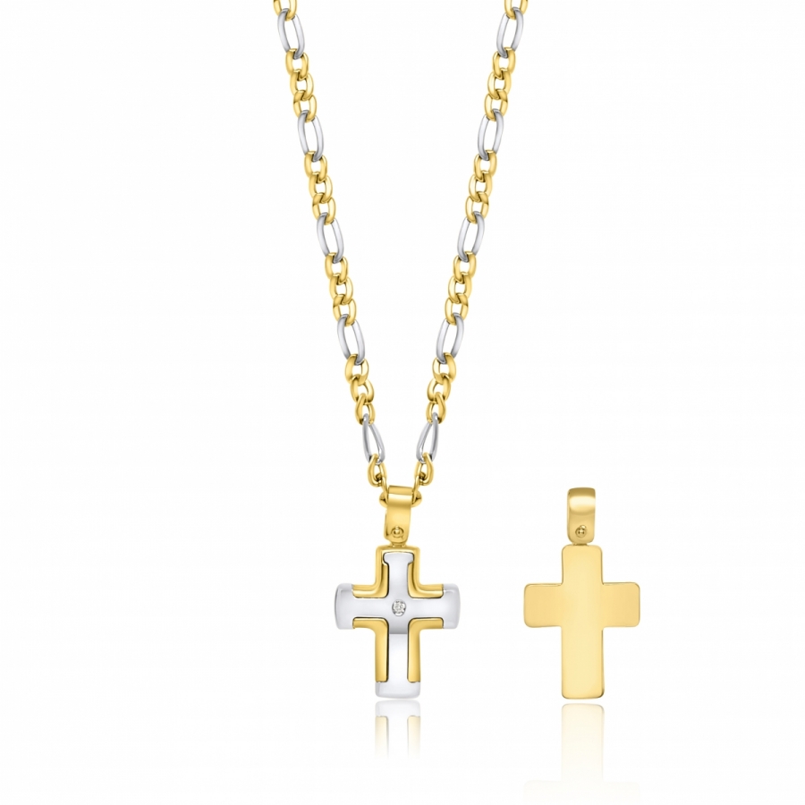 Collana uomo maglia 3+1 con croce in oro giallo e bianco 18kt e diamante