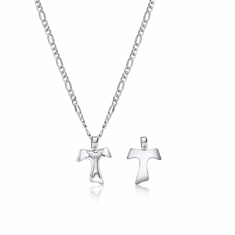 Collana uomo maglia 3+1 con croce Tau in oro bianco 18kt e diamante