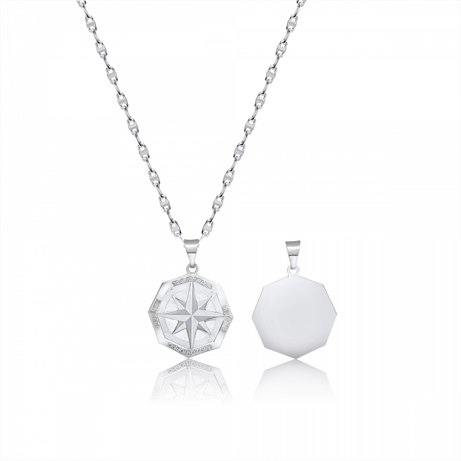 Collana uomo maglia marina con pendente rosa dei venti in oro bianco 18kt