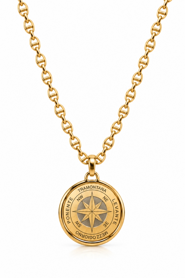 Collana uomo maglia marina con rosa dei venti in oro giallo 18kt