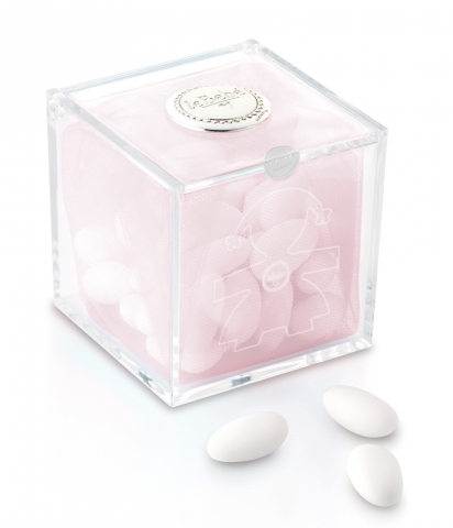 Cubo degustazione femminuccia in plexiglass con placca argento e 250 gr. di confetti