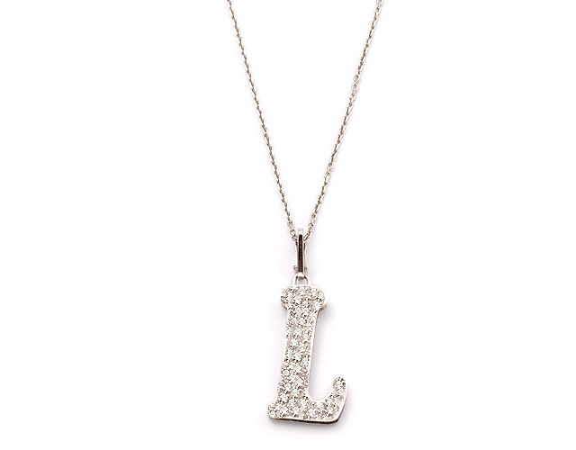 Girocollo con ciondolo Lettera L in oro bianco 18kt con pavè di brillanti