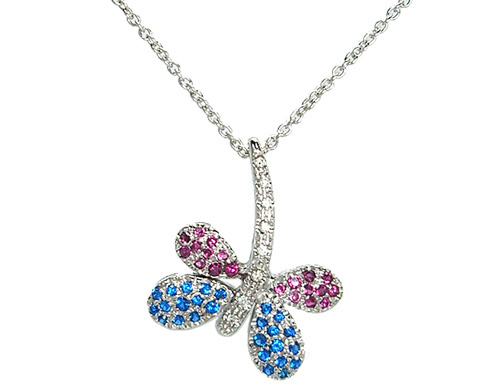 Girocollo con ciondolo Libellula in oro bianco 18kt con diamanti, zaffiri blu e rubini