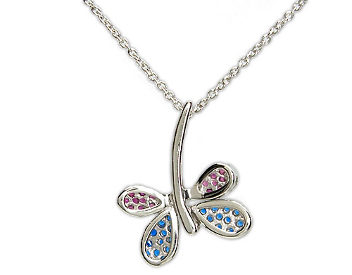 Girocollo con ciondolo Libellula in oro bianco 18kt con diamanti, zaffiri blu e rubini