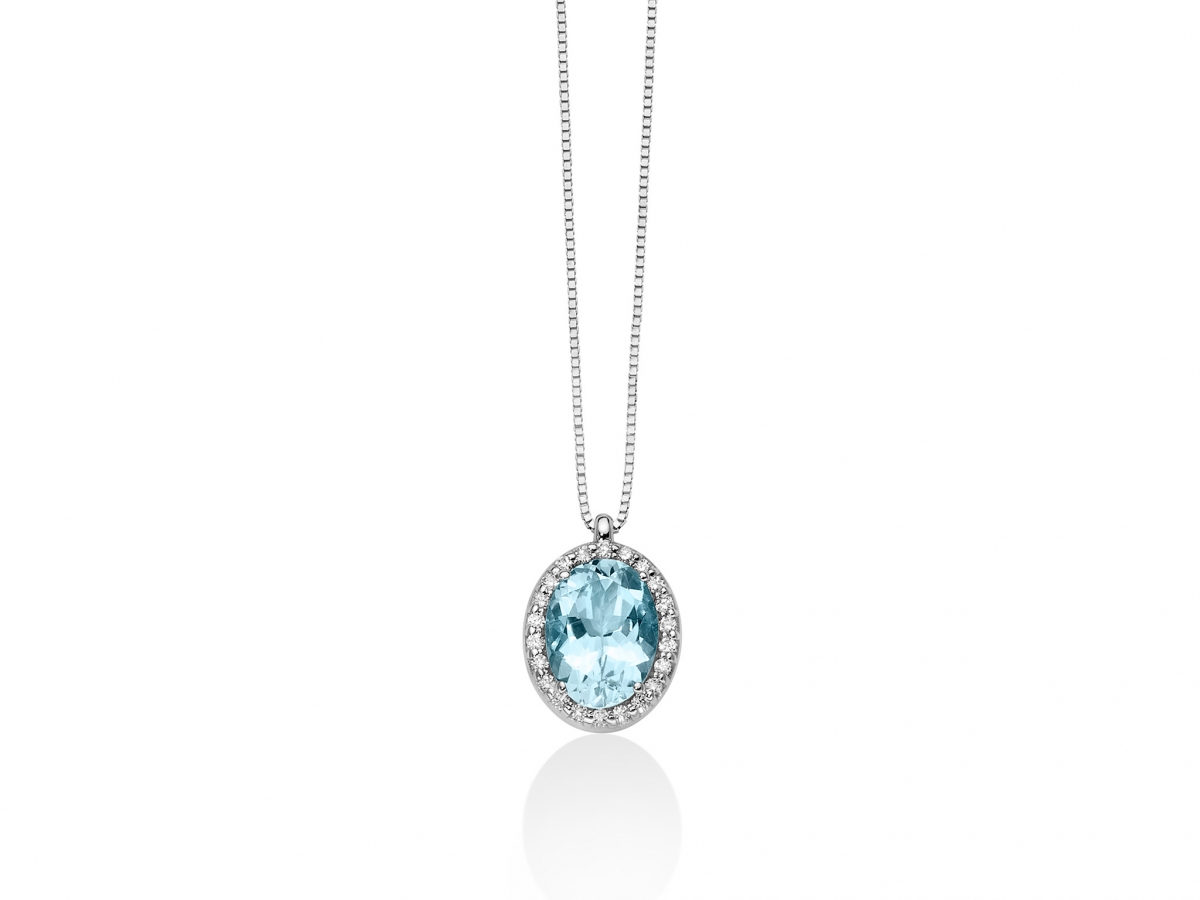MILUNA - 18K White Gold Necklace with Natural Diamond and Aquamarine