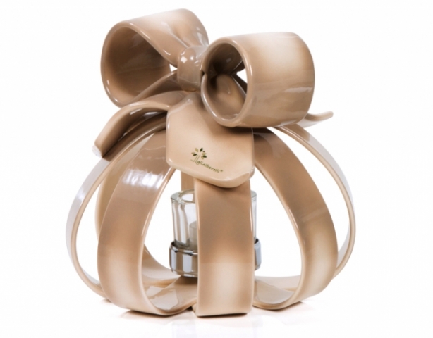 Gli Alberelli - Sfera media Portacandela con fiocco in ceramica colore tortora