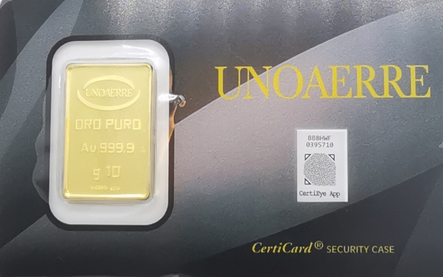 Lingottino UNOAERRE in oro puro 999% da 10 grammi per investimento