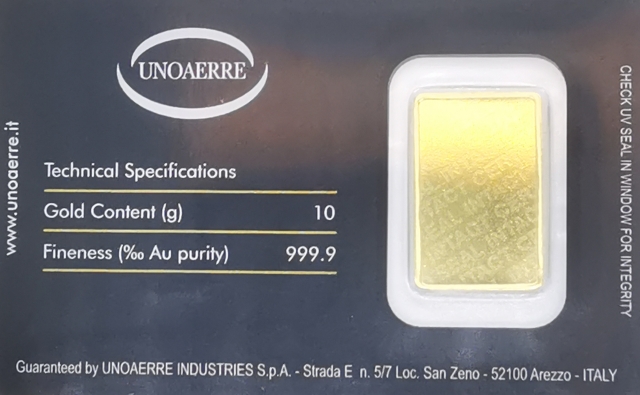 Lingottino UNOAERRE in oro puro 999% da 10 grammi per investimento